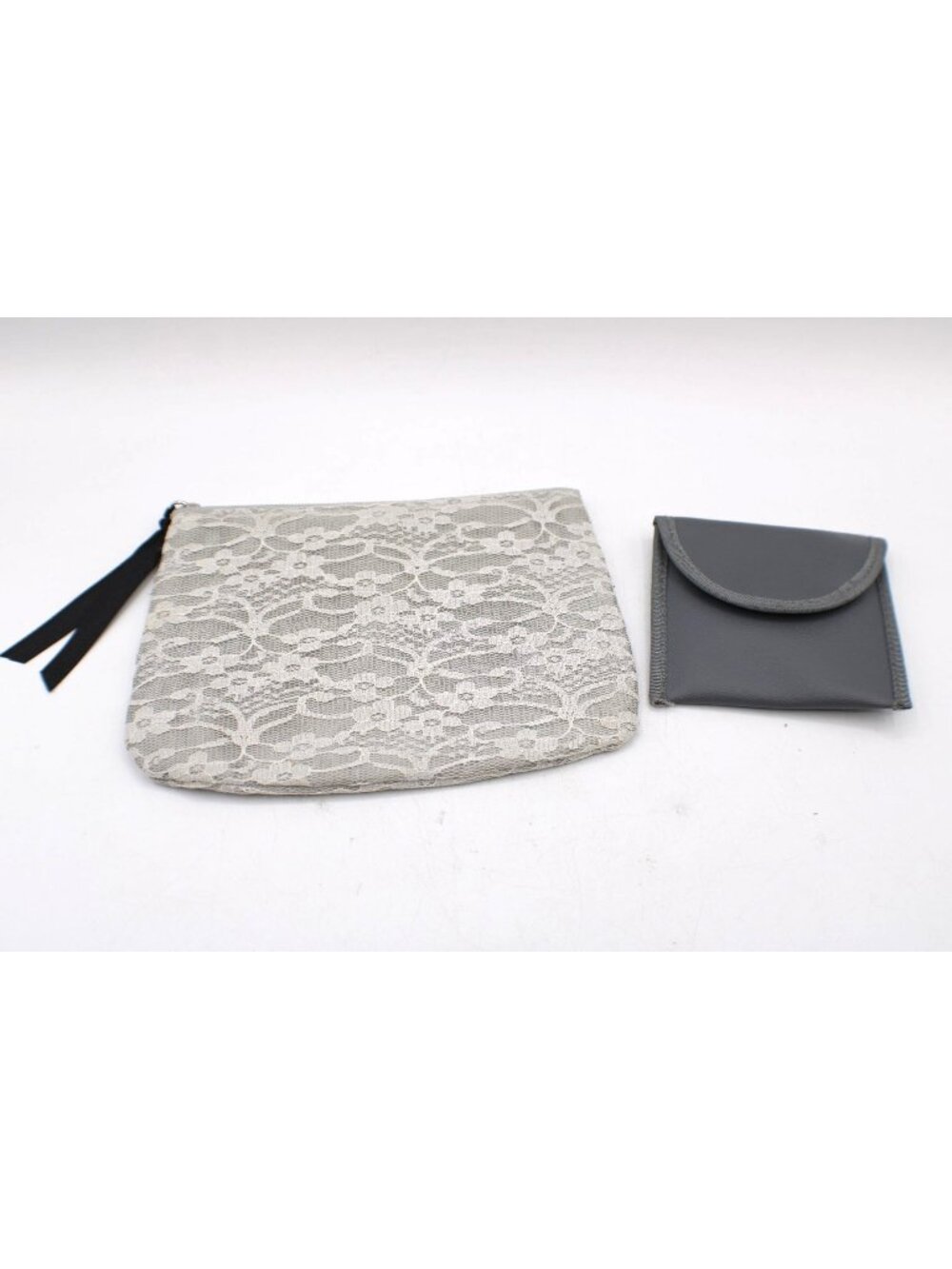 H&M Gray Lace Cosmetic Pouch & Small Faux Leather Set Jewelry Makeup Travel Vtg